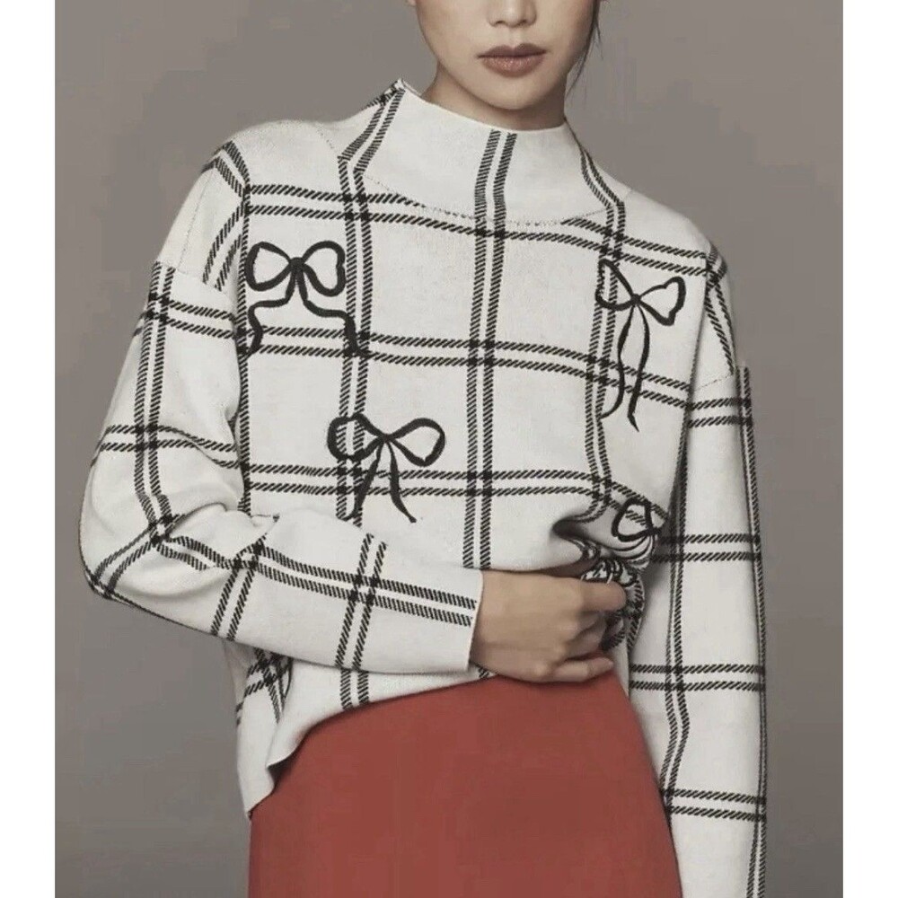 Anthropologie Maeve The Carys Mock Sweater Cream Plaid Black Bows XXS Boxy